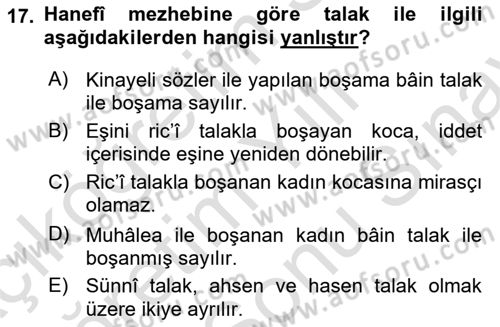 İslam Hukukuna Giriş Dersi 2021 - 2022 Yılı (Final) Dönem Sonu Sınav Soruları 17. Soru