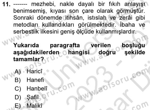 İslam Hukukuna Giriş Dersi 2023 - 2024 Yılı (Vize) Ara Sınav Soruları 11. Soru