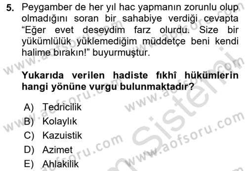 İslam Hukukuna Giriş Dersi 2023 - 2024 Yılı (Vize) Ara Sınav Soruları 5. Soru
