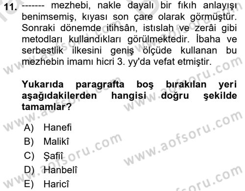 İslam Hukukuna Giriş Dersi 2024 - 2025 Yılı (Vize) Ara Sınav Soruları 11. Soru