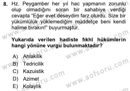 İslam Hukukuna Giriş Dersi 2024 - 2025 Yılı (Vize) Ara Sınav Soruları 8. Soru