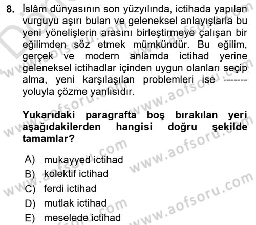 İslam Hukukuna Giriş Dersi 2024 - 2025 Yılı (Final) Dönem Sonu Sınav Soruları 8. Soru