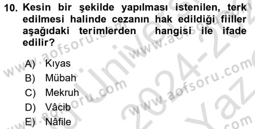 İslam Hukukuna Giriş Dersi 2024 - 2025 Yılı Yaz Okulu Sınav Soruları 10. Soru