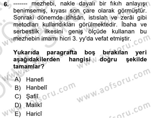 İslam Hukukuna Giriş Dersi 2024 - 2025 Yılı Yaz Okulu Sınav Soruları 6. Soru