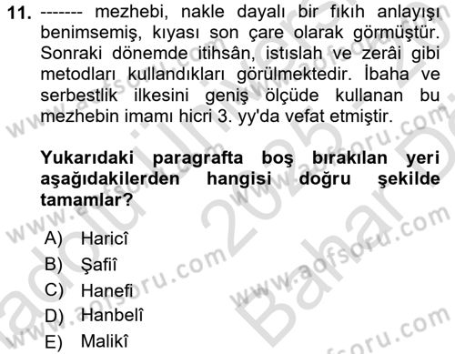 İslam Hukukuna Giriş Dersi 2025 - 2026 Yılı (Vize) Ara Sınav Soruları 11. Soru