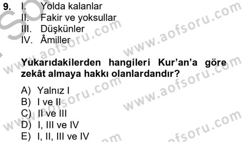 İslam Kurumları ve Medeniyeti Dersi 2012 - 2013 Yılı (Final) Dönem Sonu Sınavı 9. Soru