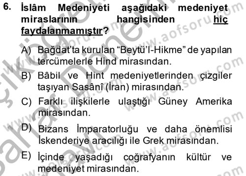 İslam Kurumları ve Medeniyeti Dersi 2013 - 2014 Yılı (Vize) Ara Sınav Soruları 6. Soru