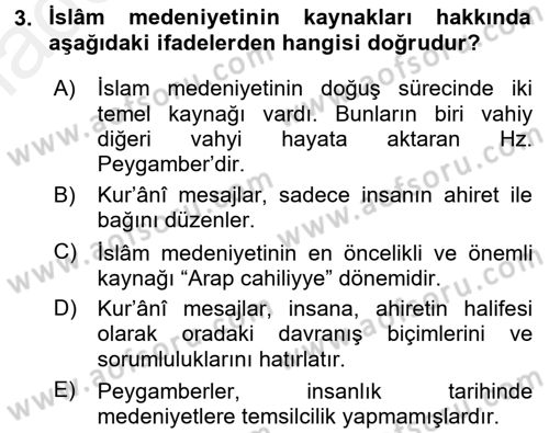 İslam Kurumları ve Medeniyeti Dersi 2015 - 2016 Yılı Tek Ders Sınav Soruları 3. Soru