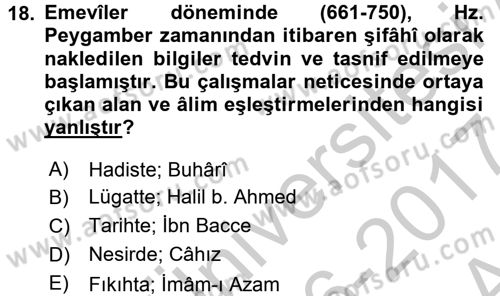 İslam Kurumları ve Medeniyeti Dersi 2016 - 2017 Yılı (Vize) Ara Sınav Soruları 18. Soru