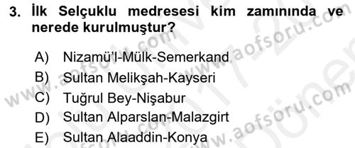 İslam Kurumları ve Medeniyeti Dersi 2017 - 2018 Yılı (Final) Dönem Sonu Sınav Soruları 3. Soru