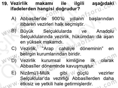 İslam Kurumları ve Medeniyeti Dersi 2018 - 2019 Yılı (Vize) Ara Sınav Soruları 19. Soru