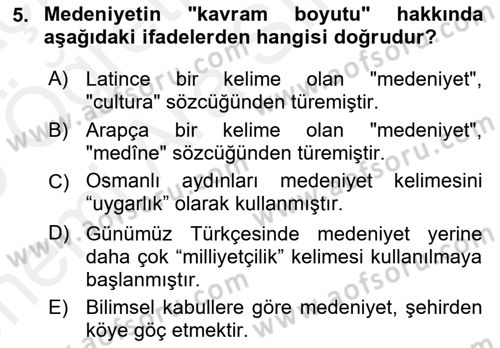 İslam Kurumları ve Medeniyeti Dersi 2018 - 2019 Yılı (Vize) Ara Sınav Soruları 5. Soru