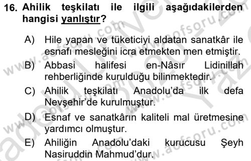 İslam Kurumları ve Medeniyeti Dersi 2020 - 2021 Yılı Yaz Okulu Sınav Soruları 16. Soru