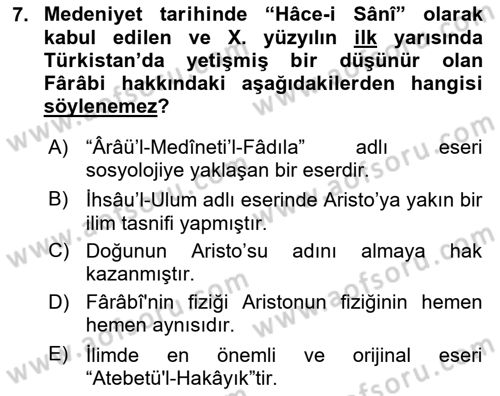 İslam Kurumları ve Medeniyeti Dersi 2020 - 2021 Yılı Yaz Okulu Sınav Soruları 7. Soru