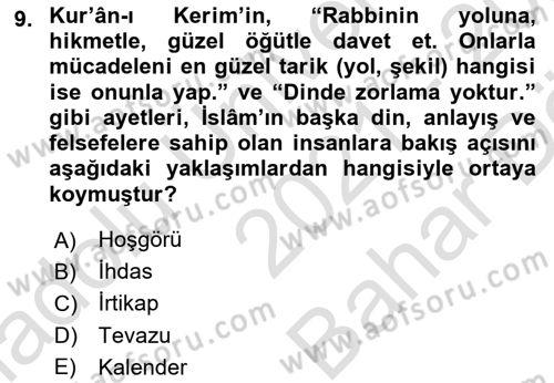 İslam Kurumları ve Medeniyeti Dersi 2021 - 2022 Yılı (Vize) Ara Sınav Soruları 9. Soru