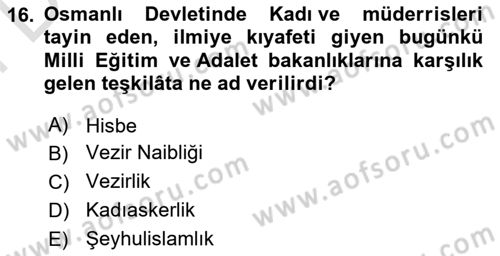 İslam Kurumları ve Medeniyeti Dersi 2021 - 2022 Yılı (Final) Dönem Sonu Sınav Soruları 16. Soru