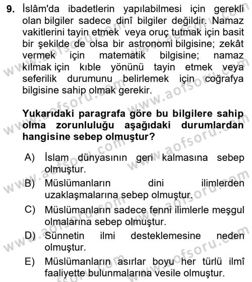 İslam Kurumları ve Medeniyeti Dersi 2023 - 2024 Yılı (Vize) Ara Sınav Soruları 9. Soru