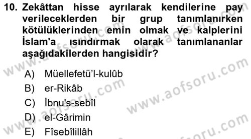 İslam Kurumları ve Medeniyeti Dersi 2023 - 2024 Yılı Yaz Okulu Sınav Soruları 10. Soru
