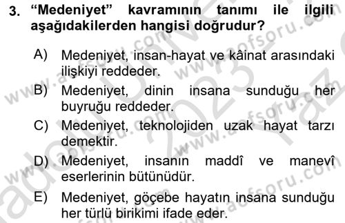 İslam Kurumları ve Medeniyeti Dersi 2023 - 2024 Yılı Yaz Okulu Sınav Soruları 3. Soru