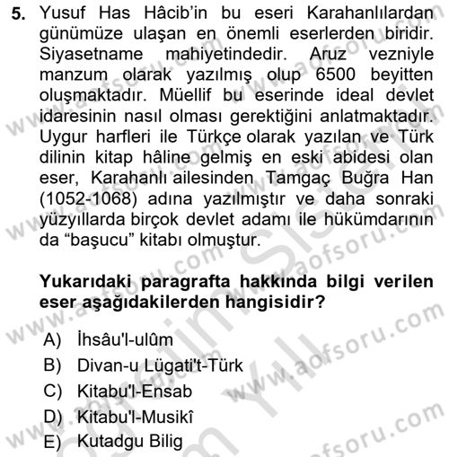 İslam Kurumları ve Medeniyeti Dersi 2023 - 2024 Yılı Yaz Okulu Sınav Soruları 5. Soru