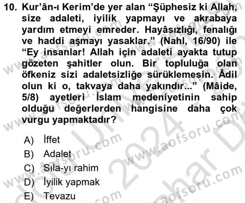 İslam Kurumları ve Medeniyeti Dersi 2024 - 2025 Yılı (Vize) Ara Sınav Soruları 10. Soru