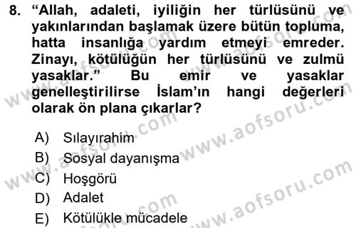 İslam Kurumları ve Medeniyeti Dersi 2024 - 2025 Yılı (Final) Dönem Sonu Sınav Soruları 8. Soru