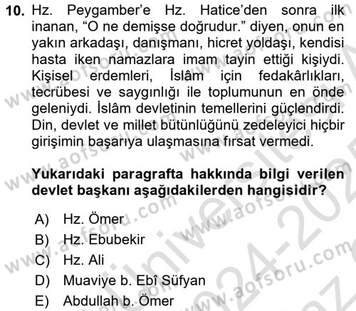 İslam Kurumları ve Medeniyeti Dersi 2024 - 2025 Yılı Yaz Okulu Sınav Soruları 10. Soru