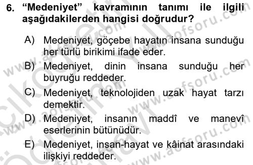 İslam Kurumları ve Medeniyeti Dersi 2024 - 2025 Yılı Yaz Okulu Sınav Soruları 6. Soru