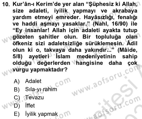 İslam Kurumları ve Medeniyeti Dersi 2025 - 2026 Yılı (Vize) Ara Sınav Soruları 10. Soru