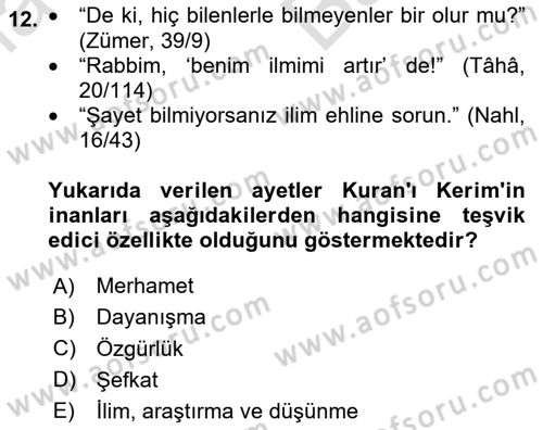İslam Kurumları ve Medeniyeti Dersi 2025 - 2026 Yılı (Vize) Ara Sınav Soruları 12. Soru