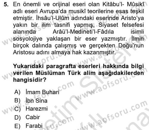 İslam Kurumları ve Medeniyeti Dersi 2025 - 2026 Yılı (Final) Dönem Sonu Sınav Soruları 5. Soru