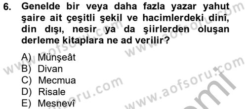 Türk İslam Edebiyatı Dersi 2012 - 2013 Yılı (Vize) Ara Sınav Soruları 6. Soru