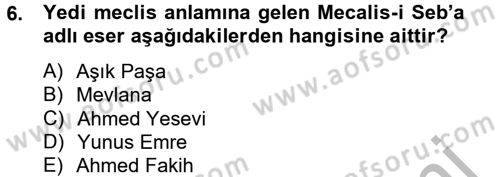 Türk İslam Edebiyatı Dersi 2012 - 2013 Yılı (Final) Dönem Sonu Sınav Soruları 6. Soru