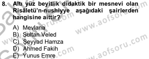 Türk İslam Edebiyatı Dersi 2012 - 2013 Yılı (Final) Dönem Sonu Sınav Soruları 8. Soru