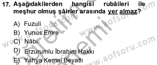Türk İslam Edebiyatı Dersi 2013 - 2014 Yılı (Vize) Ara Sınav Soruları 17. Soru