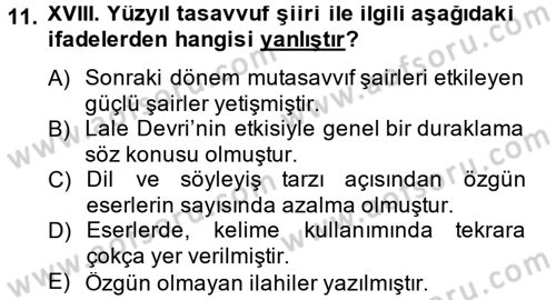 Türk İslam Edebiyatı Dersi 2013 - 2014 Yılı (Final) Dönem Sonu Sınav Soruları 11. Soru