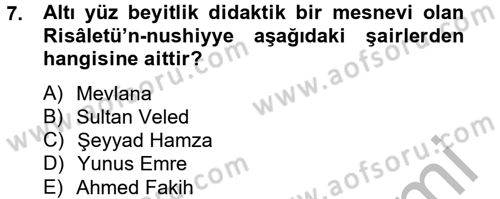Türk İslam Edebiyatı Dersi 2013 - 2014 Yılı (Final) Dönem Sonu Sınav Soruları 7. Soru