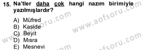 Türk İslam Edebiyatı Dersi 2013 - 2014 Yılı Tek Ders Sınav Soruları 15. Soru