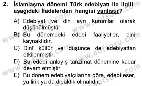 Türk İslam Edebiyatı Dersi 2013 - 2014 Yılı Tek Ders Sınav Soruları 2. Soru