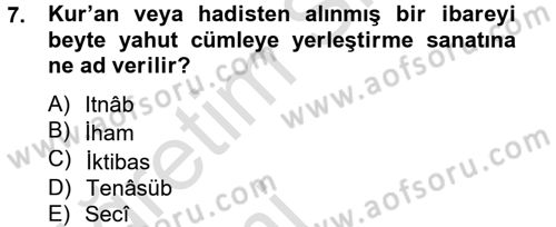 Türk İslam Edebiyatı Dersi 2013 - 2014 Yılı Tek Ders Sınav Soruları 7. Soru