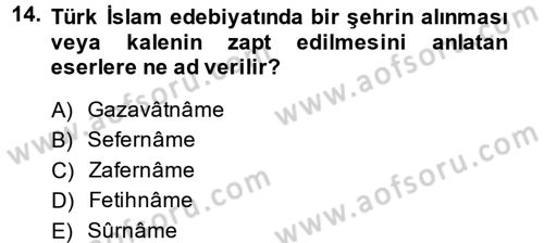 Türk İslam Edebiyatı Dersi 2014 - 2015 Yılı Tek Ders Sınav Soruları 14. Soru