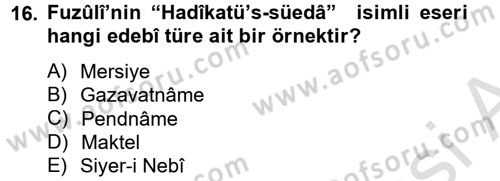 Türk İslam Edebiyatı Dersi 2014 - 2015 Yılı Tek Ders Sınav Soruları 16. Soru