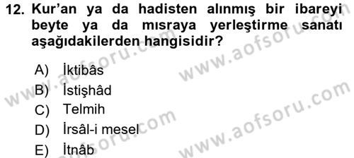 Türk İslam Edebiyatı Dersi 2015 - 2016 Yılı (Vize) Ara Sınav Soruları 12. Soru