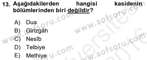 Türk İslam Edebiyatı Dersi 2015 - 2016 Yılı (Vize) Ara Sınav Soruları 13. Soru