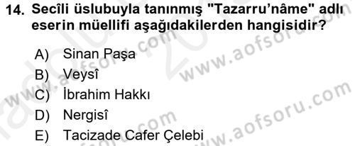 Türk İslam Edebiyatı Dersi 2015 - 2016 Yılı (Vize) Ara Sınav Soruları 14. Soru