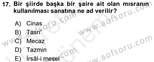 Türk İslam Edebiyatı Dersi 2015 - 2016 Yılı (Vize) Ara Sınav Soruları 17. Soru