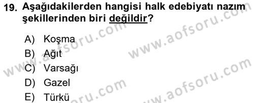 Türk İslam Edebiyatı Dersi 2015 - 2016 Yılı (Vize) Ara Sınav Soruları 19. Soru