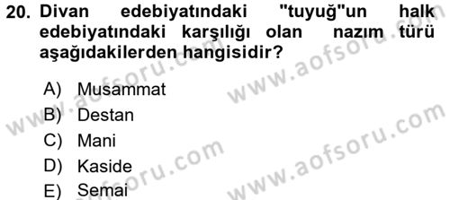 Türk İslam Edebiyatı Dersi 2015 - 2016 Yılı (Vize) Ara Sınav Soruları 20. Soru