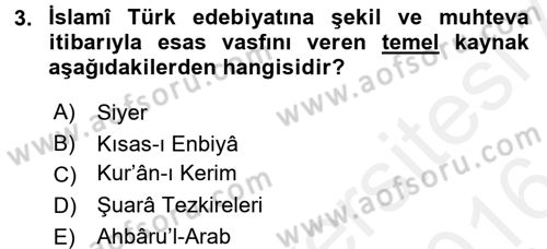 Türk İslam Edebiyatı Dersi 2015 - 2016 Yılı (Vize) Ara Sınav Soruları 3. Soru