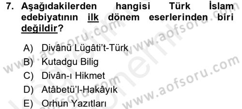 Türk İslam Edebiyatı Dersi 2015 - 2016 Yılı (Vize) Ara Sınav Soruları 7. Soru